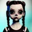 Placeholder: Jenna ortega with wednesday addams black dress,soft goth libstick, wednesday addams make up, overknee socks, dramatic lighting, highly detailed oil painting, volumetric lighting