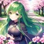 Placeholder: girl, masterpiece, best quality, cinematic lighting, detailed outfit, perfect eyes, long hair, green hair, green eyes, hairclip, outdoors, ray tracing, god rays, in spring, cherry blossom, sparkle, depth of field, smile,