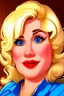 Placeholder: cartoon portrait of a very feminine, sexy busty blonde stewardess in tight blue uniform with big golden hair, strong makeup, big smoky eyes with long lashes, pouty inviting luscious red lips and large golden earrings
