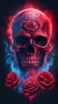 Placeholder: 2D image of abstract red skull symbol tattoo with rose element, gun,blue and red tone light, motions fog smoke on dark cinematic background