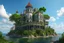 Placeholder: A futuristic ruined gothic building on an island floating over the sea with balconies, verandas, many arches, bridges, spires, paths, trees, dense foliage, spanish moss, ivy, blue sky, white clouds