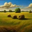 Placeholder: A grassy plain filled with haystacks painted by Frank Wilson