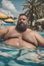 Placeholder: close up photography of an ugly 43 year old stocky big robust burly marocan giant, wearing shorts, shirtless, relaxing in the pool over an inflatable mattress, wet, ajar mouth, hairy chest, serious, very virile, short beard, shaved hair,, , in a sunny street, photorealistic , top aerial view