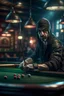 Placeholder: portrait of shady thief ninja playing pool in an d&d style tavern, in the style of fantasy movies, photorealistic, shot on Hasselblad h6d-400c, zeiss prime lens, bokeh like f/0.8, tilt-shift lens 8k, high detail, smooth render, unreal engine 5, cinema 4d, HDR, dust effect, vivid colors