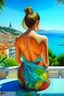 Placeholder: Neoclassicism woman in bikini from the back sitting realistic cote d'azur painting colorfull