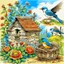 Placeholder: An old stone farmhouse, under the tiles a swallows' nest, in the nest three baby birds, a swallow flies around the nest, hollyhocks along the walls, hay, a cat watching the birds, pension sketch