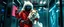 Placeholder: frankie picks up and carries rasta bad ass criminal frost cyberpunk bard into hi tech glass elevator, he give a thumbs up with blue driving glowes, holding an calm fluffy eskimo dog on a leash