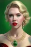 Placeholder: A beautiful scarlett johansson with white skin, blonde hair, red cheeks and lips, wearing an elegant dress, wearing a necklace and earring made of green sapphire and gold