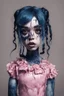 Placeholder: full body color, illustration of a darkblue and pink tones, menacing, Singer Melanie Martinez face, as a decayed, broken, skin turned translucent, black veins that extended like roots beneath her skin, latex suit, crude homemade cloth doll toy, with a narrow cracked porcelain face, thick dark eyebrows, hair in two gradually, made from ragged strips of cloth, in the style of Alex Pardee, Tim Burton, and Nadya Sheremet