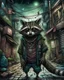 Placeholder: highly detailed concept illustration of an alternate reality ancient China racoon wanderer in dark street, maximalist, highest resolution, in the styles of Alex Pardee, Denis Forkas, and Masahiro Ito, boldly inked, 8k, coarse, gritty textures