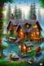 Placeholder: lego cottage in the forest with lake boy girl