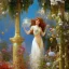 Placeholder: Hyperdetailed oil on canvas, young robyn lively by an ornate fountain, goldfish pond, lotus, detailed face, long muti-hued red curly hair; by gaspar camps, maxfield parrish, alphonse mucha, cyril rolando, dan mumford; luminous colorful sparkles, glitter, airbrush, octane render, volumetric lighting, 16k