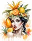 Placeholder: create an ethereal, illustration of a divine female with soft facial features and a seductive look on a plain white background surrounding her, in the style of Ralph Steadman, with a headpiece of tropical fruits, bananas, pineapples, citrus, cream, orange,painted in a faded colors,