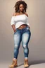 Placeholder: Create a watercolor image of a curvy black female wearing tight cut up jeans and a off the shoulder white tshirt with timberland boots. Prominent make up with hazel eyes. Highly detail dread locs