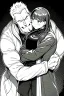 Placeholder: man in raincoat hugs girl, line arts, greyscale