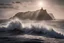 Placeholder: A rugged island eroded by relentless waves, seabirds soar above the island, mist swirling along the horizon, natural lighting , hq photography, golden hour