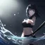 Placeholder: Clear focus,High resolution, black short fluffy hair, long fluffy bangs, and dark blue eyes, Depressed girl, wearing a black short shirt with a black sleeveless crop top, dark aura, controlling water, in a black room, holding a katana