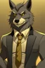 Placeholder: Buff anthro wolf himbo with black fur and gold eyes wearing a suit