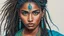 Placeholder: acrylic illustration, acrylic paint, oily sketch, Protrait, photograph, androgynous hunnuman, oval jaw, delicate features, beautiful face, dreadlocked hair, long bangs, long ponytail, bright blue-green detailed eyes, hindu art