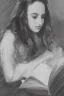 Placeholder: Pencil sketch of Young woman, Arab features,sad, long wavy hair, reading a book, full body، on lined paper