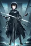 Placeholder: Anime girl with short black hair and sharp green eyes, holding a pike, full body black and white metal plate armour, full body shot, Dramatic lighting,1woman, soaked in blood, Warrior, standing pose, sword at the waist, close shot