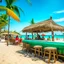 Placeholder: thatched awning tropical beach bar with a coconut Jimmy Buffet theme, busy with tourists in Hawaiian shirts, white sand and coconut trees in background, azure blue water