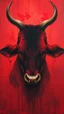 Placeholder: Bosch style painting , A shadow of a spirit inside a bloody red cow head with eyes open wide details on red bloody background