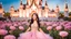 Placeholder: A gorgeous smiling Asian model in a fairy outfit in a field of flowers at sunset a crystal castle at background