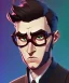 Placeholder: Fit man in round glasses, wavy hair, stubble, smurk, slim, tie, monotone, green eyes, comic book style, two tone colours, detailed, ink, realistic, handsome, square jaw, big brows, no jacket, bird on the shoulder, spotlight