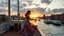 Placeholder: UK oxford street over times river deck of a big ship beautiful lady with pretty midi dress dancing ,ships in river, cloudy sky,sunset