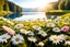 Placeholder: beautiful field with daisies, white or pink or blue light effects colors, sun, realistic, very detailed, daisies flowers on a moss mat around a peaceful lake, high contrast, 8k, high definition, concept art, sharp focus