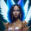 Placeholder: full body shot, masterpiece, best quality, black skinned, sparkling eyes, long hair, gourges Angel,wings,fluorescent skin,blue-dark makeup,synthwave, indigo, highly detailed body, sun light, 4K, RAW, depth of field, high contrast, realistic details, 24mm