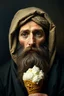 Placeholder: pin hole cam, master oil painting by Rembrandt, realistic rendering Portrait of the Apkallu sage who were sent by the god Ea to teach civilization to humanity before the flood. Jesus Christ as an ice cream.