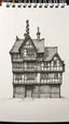 Placeholder: technical drawing pencil sketch front elevation of a row of skeletal multtechnical line drawing of the front elevation of a tall, narrow, warped, fantasy Tudor building, with twisted chimneys, rooms and floors added to sides and roofs, like the warren.i-story fantasy tudor buildings