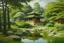 Placeholder: Japanese Garden Oasis: Oil paintings showcasing serene Japanese garden scenes, featuring lush foliage, tranquil ponds, and traditional architecture reminiscent of a modern white blocky hotel.