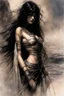 Placeholder: Hyper-photorealistic watercolor art style by Luis Royo & Stephan Martiniere, Surreal fine art etching of a figure by Luis Royo, tanned skin inscribed with the transient story of mortality, ethereal light playing with its form whispering tales of an eternal realm, eyes, black as the depths of the night, ardently pinand looking towards the endless skies, of black hair mirroring the mystery of the cosmos around, whole scene tinged with an ethereal softness from volumetric lighting, hues gr,