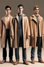 Placeholder: three men in different Balenciaga Superman's emblem clothing, beige tones, trenchcoats, fashion plates, modern designa, deconstructed tailoring, rendered in cinema4d –q 2 –ar 3:5