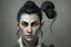 Placeholder: A Fantasy elf, a white male with black hair tied up in a bun, a scarred left eye. Full body