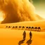 Placeholder: Create a double exposure photo, a spectacular wide shot of a Turag tribesman leading a caravan of camels, and a shot of a sandstorm coming out of a golden dune and raging in the Sahara desert, highly detailed, rental, Octane processing, 24K, cinematic