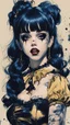 Placeholder: Poster in two gradually, a one side malevolent goth vampire girl face and other side the Singer Melanie Martinez face, full body, painting by Yoji Shinkawa, darkblue and gold tones,