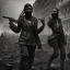 Placeholder: women with faces covered in black masks, ragged clothes, realistic, Life Magazine photgraphy, war-torn, destroyed city in the background, dystopian, 8k resolution, hyperrealistic, detailed matte painting, b&w, dynamic lighting, war, anarchy, rebels, terrorists