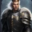 Placeholder: Male Tan Human, White Hair, Handsome Face, Wearing A Magical Crown, Black Heavy Armour, Dark colours theme, Very Dark Background, Paladin Greatsword Strapped to his Back