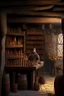 Placeholder: inside of a medieval shop, wooden walls, log pillars, stone desk with shop keeper behind it,