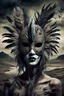 Placeholder: An surreal stunning image of a crepy ritualistic Feathered Mask-face mutant witd dark eyes, pale skin, on creature, with dark muted tones, a grim and weird atmosphere, textured impasto-like effect with ink, intricate details, surreal vibe, expressive focusing, muted tones, gradients, thriller and utopistic mood, in background barren landscape, ruins, dark shadows