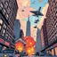 Placeholder: escenario de explociones en las calles e nueva york, con aviones caza volando en el cielo, con la perspectiva de abajo hacia arriba y dibujo estilo marvel comics