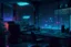 Placeholder: Cyberpunk studio, desk, window, computer screens, dark, neon, night,