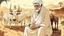 Placeholder: Old man, Arab, turban, white clothes, cattle, desert, council, sun, palm trees, mud houses, holding a stick, looking forward, a very slight smile.cartoon,Sitting on a chair,long beard,Mouth slightly open