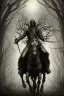 Placeholder: sleepy hollow headless horseman by h r Giger, Tim burton, junji ito, dystopian surrealism, dark horror fantasy, hdr, artstation intricate details, demonic, dark art, dark noir, neoclassical gothic horror