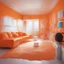 Placeholder: Surreal living room where everything is in plastic, orange, even the walls and windows and shaggy carpet, futuristics