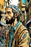 Placeholder: Create an artistic portrait of an Arab man with a sharp face in real style inspired by the works of famous comic artists. The man is depicted with a slightly hunched back and a wise expression. His clothing features a patchwork nude dress, which adds to his distinctive personality. Set the scene on a busy street corner, and capture the essence of urban life. The art style should draw inspiration from the works of Charles Schulz and Bill Watterson, combining classic newspaper comic aesthetics wit